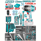 PISTOLA IMPACTO INALAMBRICA  3/4" 1350NM + 2 BATERIAS 5.0AH + CARGADOR + CAJA DE HERRAMIENTAS CON 288 ACCESORIOS INDUSTRIAL SUPER TOTAL (UTHPTCS82882)
