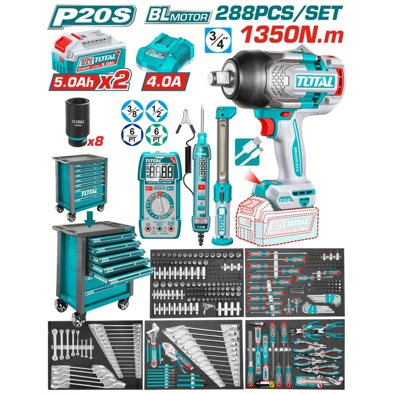 PISTOLA IMPACTO INALAMBRICA  3/4" 1350NM + 2 BATERIAS 5.0AH + CARGADOR + CAJA DE HERRAMIENTAS CON 288 ACCESORIOS INDUSTRIAL SUPER TOTAL (UTHPTCS82882)