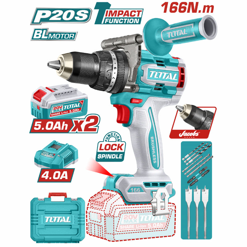 TALADRO INALAMBRICO PERCUTOR 1/2" 166 NM 20V CAJA PLASTICA INCLUYE 2 BATERIAS 20V 5AH, 1 CARGADOR Y ACCESORIOS INDUSTRIAL SUPER TOTAL (UTIDLI201668)