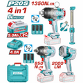 COMBO INALAMBRICO 20V PISTOLA IMPACTO INALAMBRICA 3/4 1350NM + PISTOLA IMPACTO INALAMBRICA 1/2 850NM+LAMPARA DE TRABAJO 2000 LM + LAMPARA DE TRABAJO 300 LM INCLUYE 2 BATERIAS 5.0AH , CARGADOR Y ACCESORRIOS INDUSTRIAL SUPER TOTAL (UTOSLI250782)