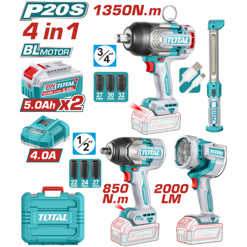 COMBO INALAMBRICO 20V PISTOLA IMPACTO INALAMBRICA 3/4 1350NM + PISTOLA IMPACTO INALAMBRICA 1/2 850NM+LAMPARA DE TRABAJO 2000 LM + LAMPARA DE TRABAJO 300 LM INCLUYE 2 BATERIAS 5.0AH , CARGADOR Y ACCESORRIOS INDUSTRIAL SUPER TOTAL (UTOSLI250782)