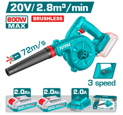 SOPLADORA INALAMBRICA 20V 600W CAPACIDAD DE SOPLADO: 0-2.8M3/MIN 3 VELOCIDADES INCLUYE 2 BATERIAS 2.0AH Y 1 CARGADOR INDUSTRIAL SUPER TOTAL (UTABLI20682)