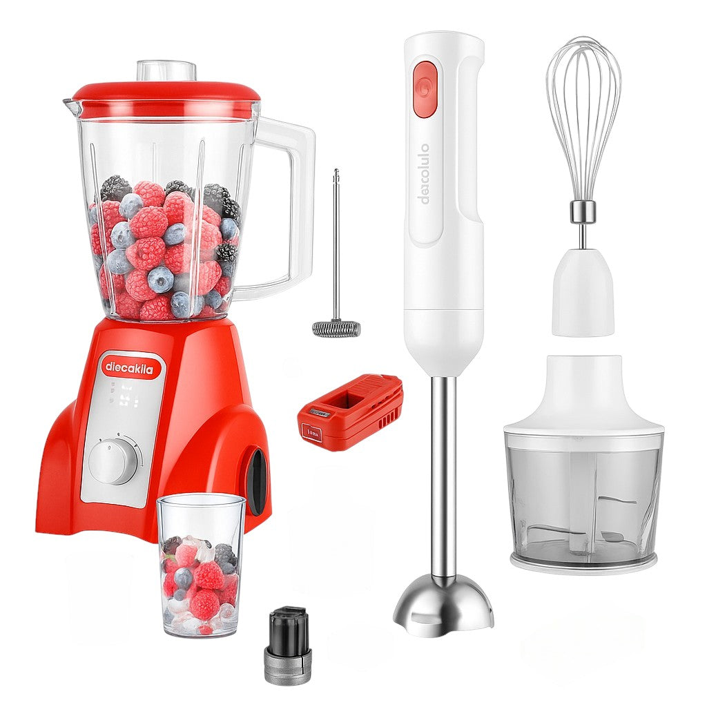 COMBO DECAKILA LICUADORA INALAMBRICA 16V 1.5L VASO PLASTICO INCLUYE BATERIA Y CARGADOR (KUJB051R) + BATIDORA DE MANO INCLUYE 5 ACCESORIOS (KMJB055R)