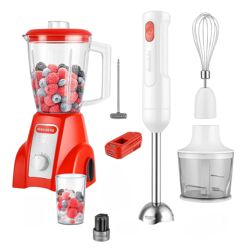 COMBO DECAKILA LICUADORA INALAMBRICA 16V 1.5L VASO PLASTICO INCLUYE BATERIA Y CARGADOR (KUJB051R) + BATIDORA DE MANO INCLUYE 5 ACCESORIOS (KMJB042W)