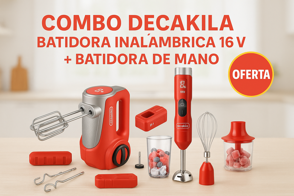 COMBO DECAKILA BATIDORA INALAMBRICA 16V INCLUYE BATERIA Y CARGADOR (KUMX023R) + BATIDORA DE MANO INCLUYE 5 ACCESORIOS (KMJB055R)