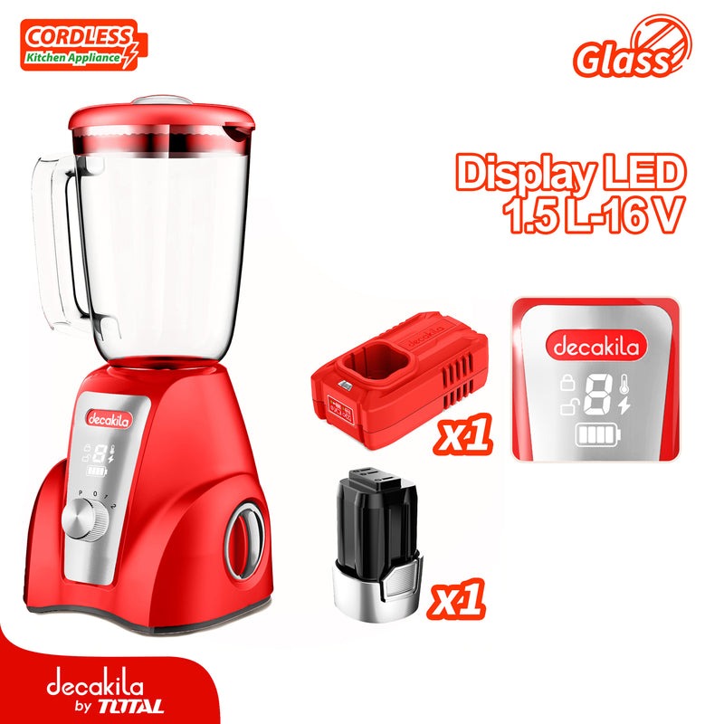 LICUADORA INALAMBRICA 16V 1.5L VASO VIDRIO INCLUYE BATERIA Y CARGADOR DECAKILA (KUJB052R)