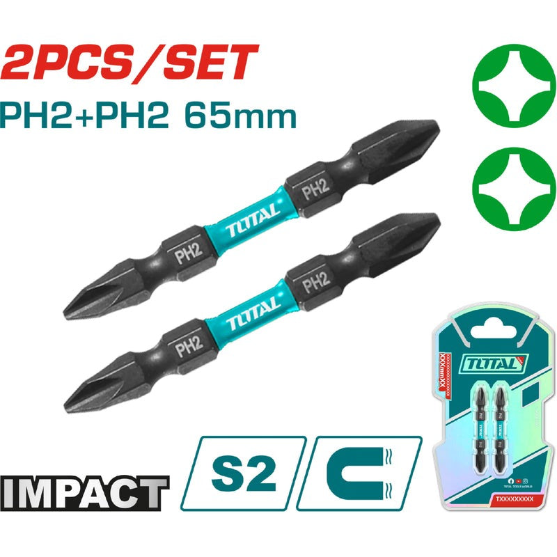 PUNTAS TALADRO INDUSTRIAL DOBLE PUNTA IMANTADA 65MM (+) (+) JUEGO X 2 PZS SUPER TOTAL