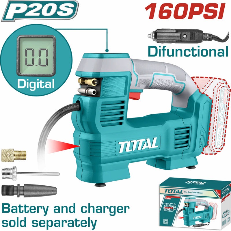 COMPRESOR MINI INALAMBRICO DIGITAL 20V PARA CARRO 160PSI AUTOMATICO  BATERIA Y CARGADOR NO INCLUIDO TOTAL