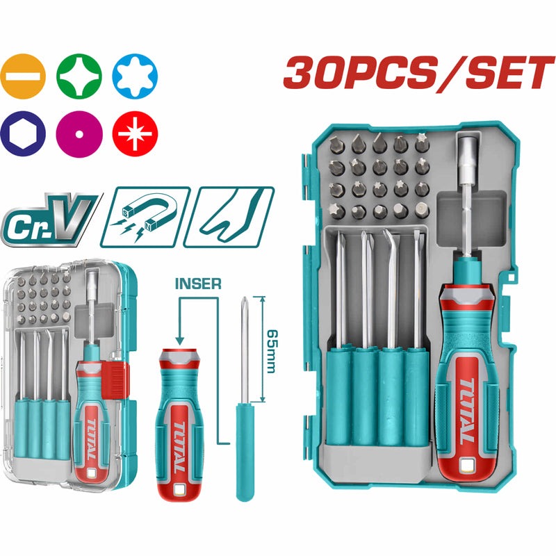 JUEGO DE DESTORNILLADORES PUNTAS INTERCAMBIABLES X 30 PZS SUPER TOTAL (TACSD30306)