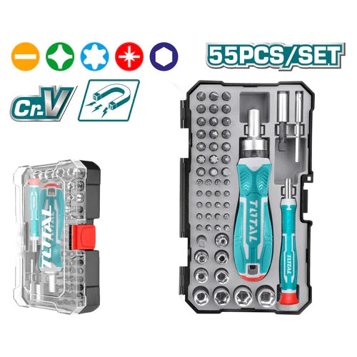 JUEGO DE PUNTAS Y COPAS CON DESTORNILLADOR RATCHET X 55PZS (TOTAL)