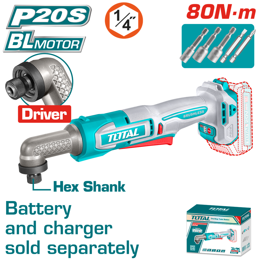 ATORNILLADOR DE IMPACTO DE ANGULO 1/4" 20V 80NM INCLUYE ACCESORIOS BATERIA Y CARGADOR SE VENDEN POR SEPARADO INDUSTRIAL SUPER TOTAL (TAIRLI2081)