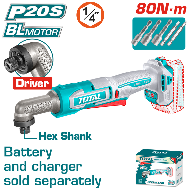 ATORNILLADOR DE IMPACTO DE ANGULO 1/4" 20V 80NM INCLUYE ACCESORIOS BATERIA Y CARGADOR SE VENDEN POR SEPARADO INDUSTRIAL SUPER TOTAL (TAIRLI2081)