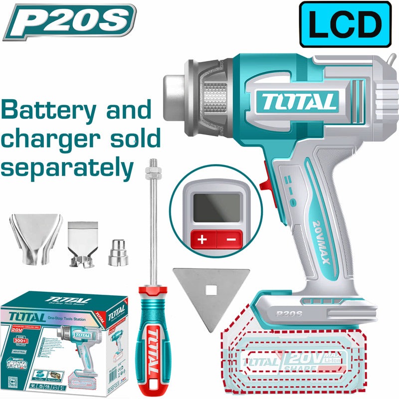 PISTOLA CALOR INALAMBRICA 20V + 4 BOQUILLAS Y RASCADOR, BATERIA Y CARGADOR NO INCLUIDOS