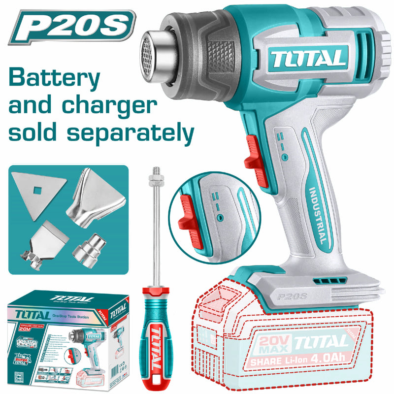 PISTOLA CALOR INALAMBRICA 20V CON TEMPERATURA AJUSTABLE INCLUYE 4 BOQUILLAS 1 RASCADOR BATERIA Y CARGADOR NO INCLUIDO INDUSTRIAL SUPER TOTAL (TBLI2006)