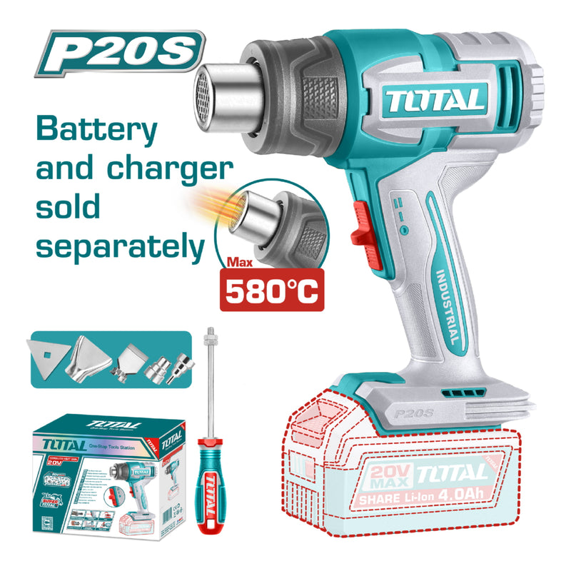 PISTOLA CALOR INALAMBRICA  20V CON TEMPERATURA AJUSTABLE 30-580°C  INCLUYE 4 BOQUILLAS 1 RASCADOR  BATERIA Y CARGADOR NO INCLUIDO  INDUSTRIAL SUPER TOTAL (TBLI2008)