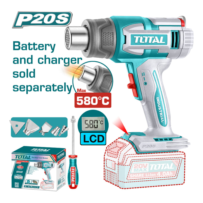 PISTOLA CALOR INALAMBRICA  20V CON TEMPERATURA AJUSTABLE 30-580°C  PANTALLA LCD INCLUYE 4 BOQUILLAS 1 RASCADOR  BATERIA Y CARGADOR NO INCLUIDO  INDUSTRIAL SUPER TOTAL (TBLI2058)