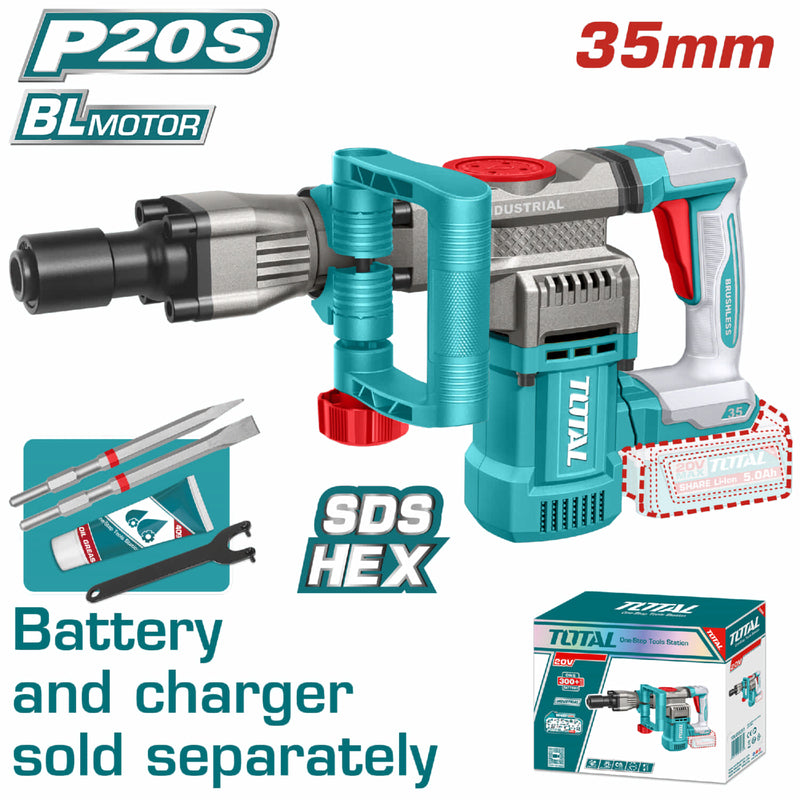 DEMOLEDOR SDS HEX INALAMBRICO 20V 16J INCLUYE ACCESORIOS BATERIA Y CARGADOR SE VENDEN POR SEPARADO  INDUSTRIAL SUPER TOTAL  (TDBLI20358)