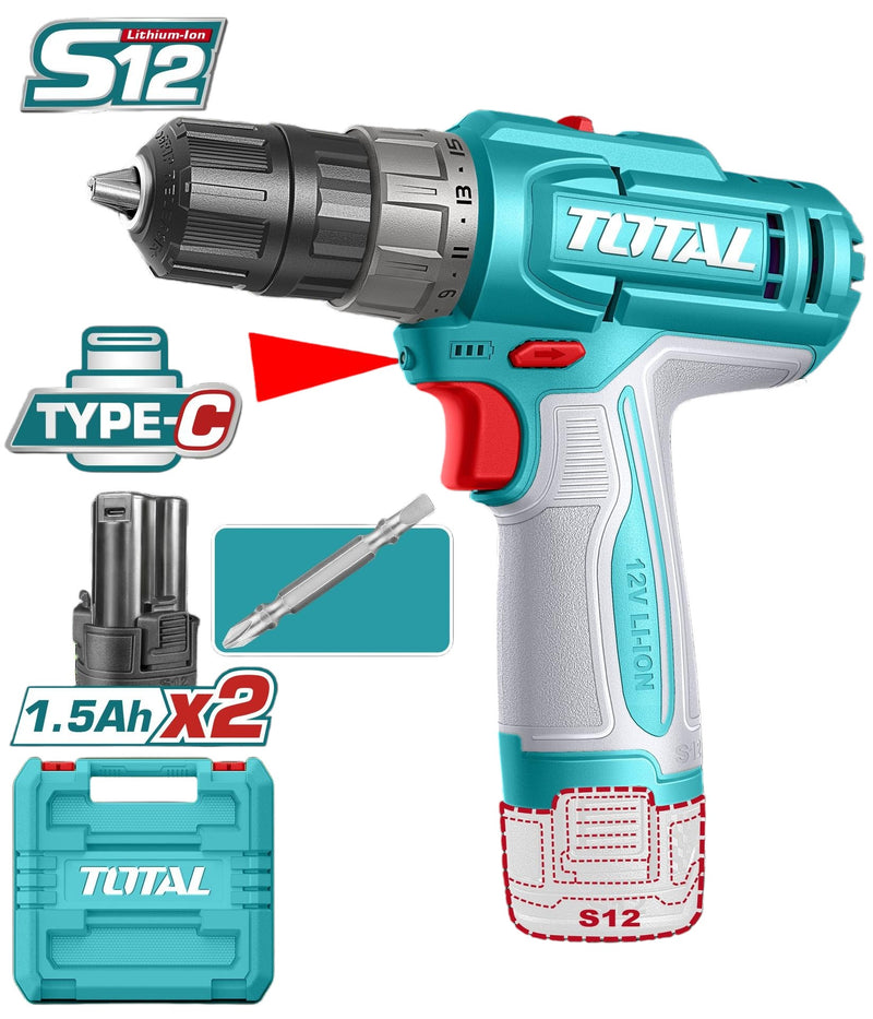 TALADRO INALAMBRICO 3/8" 12V 20NM INCLUYE 2 BATERIAS 1.5 AH SUPER TOTAL