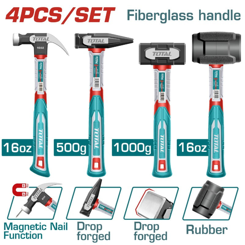 JUEGO DE MARTILLOS X 4 PCS MANGO FIBRA DE VIDRIO TOTAL