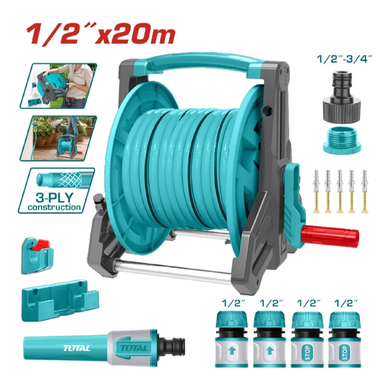 MANGUERA DE JARDIN 20 MTS CON CARRETE INCLUYE ACCESORIOS TOTAL