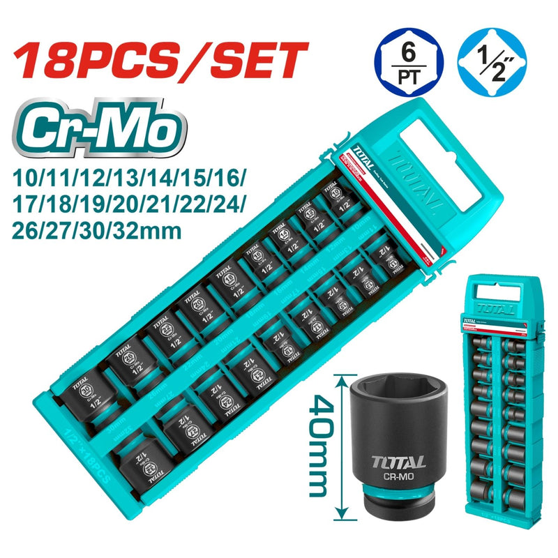 COPAS DE IMPACTO 1/2" LARGO 40 MM JUEGO X 18PZS 10 - 32 MM INDUSTRIAL TOTAL (THISTD12186)