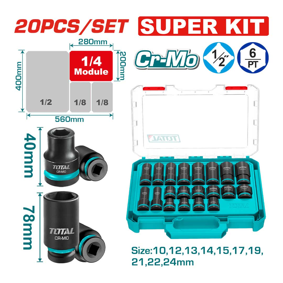 COPAS DE IMPACTO 1/2" INDUSTRIAL LARGO 40MM JUEGO X 20PZS 10 - 24 MM TOTAL (THKISD12206L)
