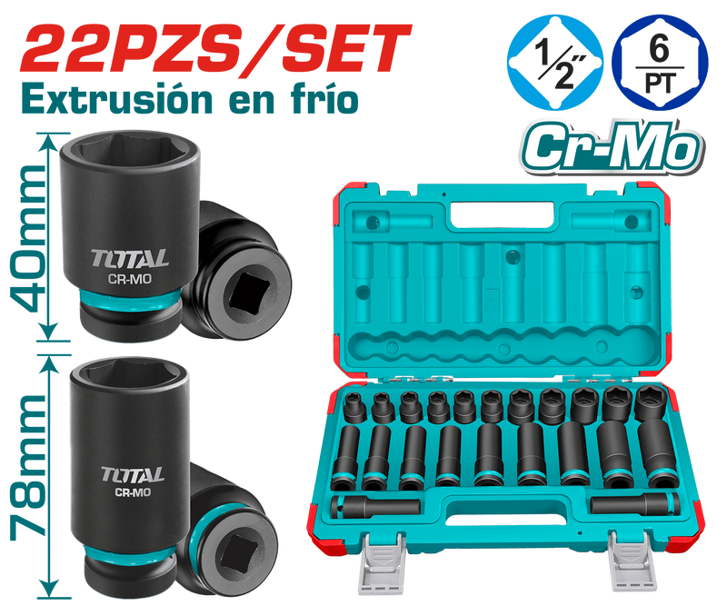 COPAS DE IMPACTO 1/2 INDUSTRIAL LARGO 40 MM JUEGO X 22PZS 10 - 24 MM TOTAL (THKISD12221L)