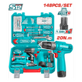 TALADRO INALAMBRICO 3/8 12V 20NM + BATERIA 1.5AH + KIT DE HERRAMIENTAS 148 PZS SUPER TOTAL (THKTHP41487)