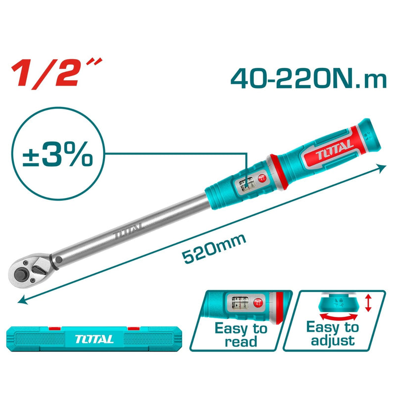 TORQUIMETRO 1/2" 40-220NM TOLERANCIA DE TORQUE ±3% INDUSTRIAL TOTAL (THPTW1220N6)