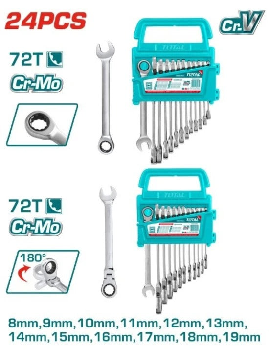 LLAVE MIXTA CON RACHE FLEXIBLE 8 - 19 MM JUEGO X 12 PZS + LLAVE MIXTA CON RACHE FIJO 8- 19MM JUEGO X 12 PZS INDUSTRIAL SUPER TOTAL (THT103RK246)