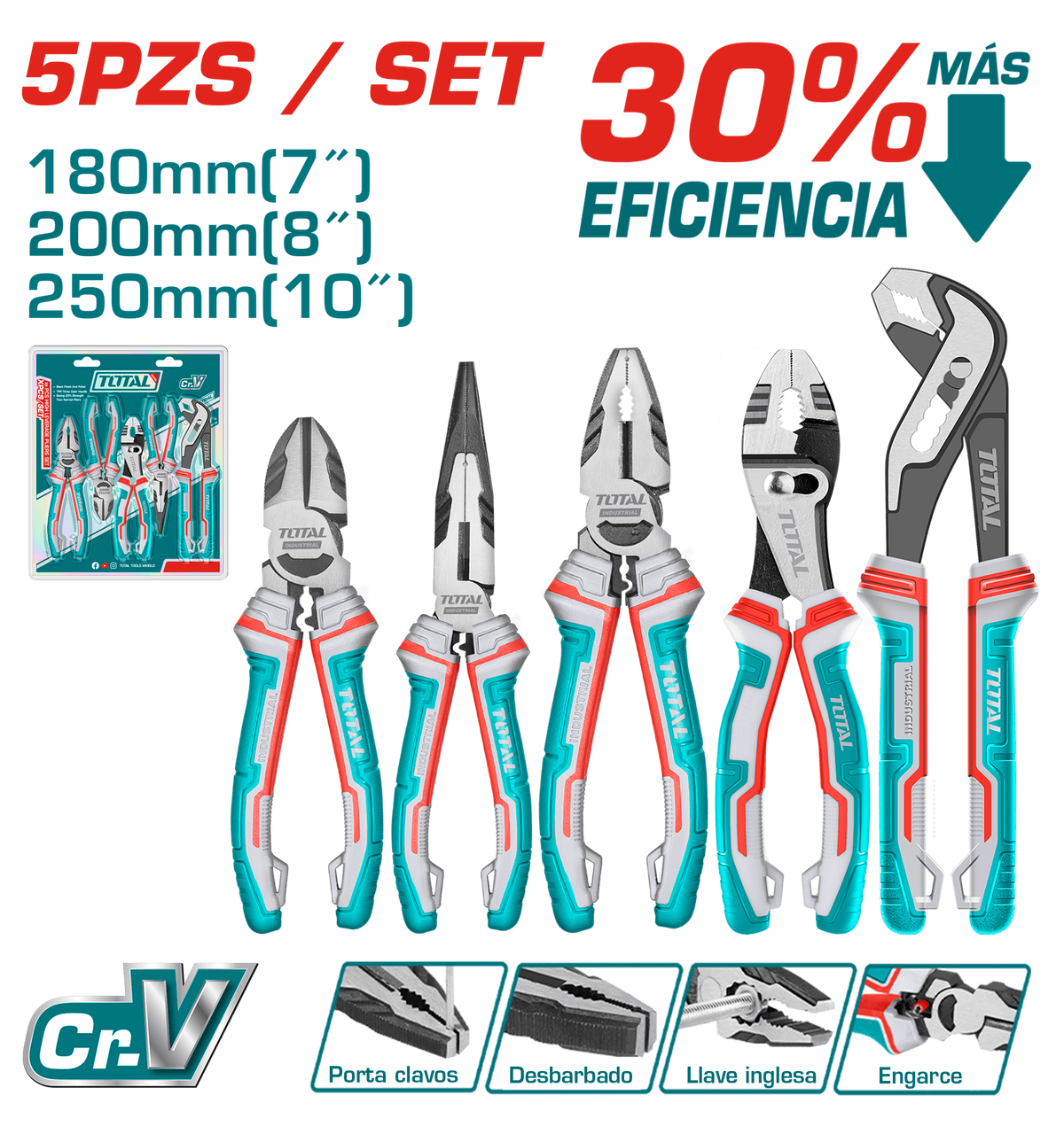 JUEGO DE ALICATE X 5 PIEZAS  CROMO VANADIUM INDUSTRIAL TOTAL (THT2K0588)