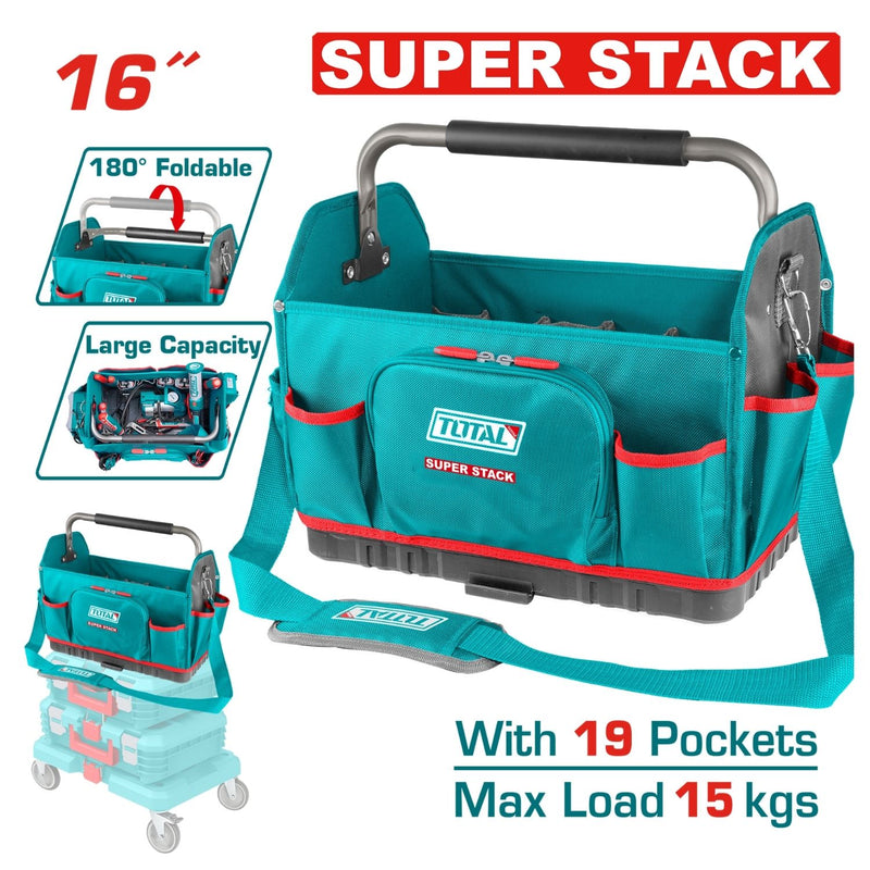 BOLSO DE HERRAMIENTAS 16 REFORZADO CON MANIJA METALICA CAPACIDAD MAXIMA 15KG INDUSTRIAL TOTAL (THT36L06)