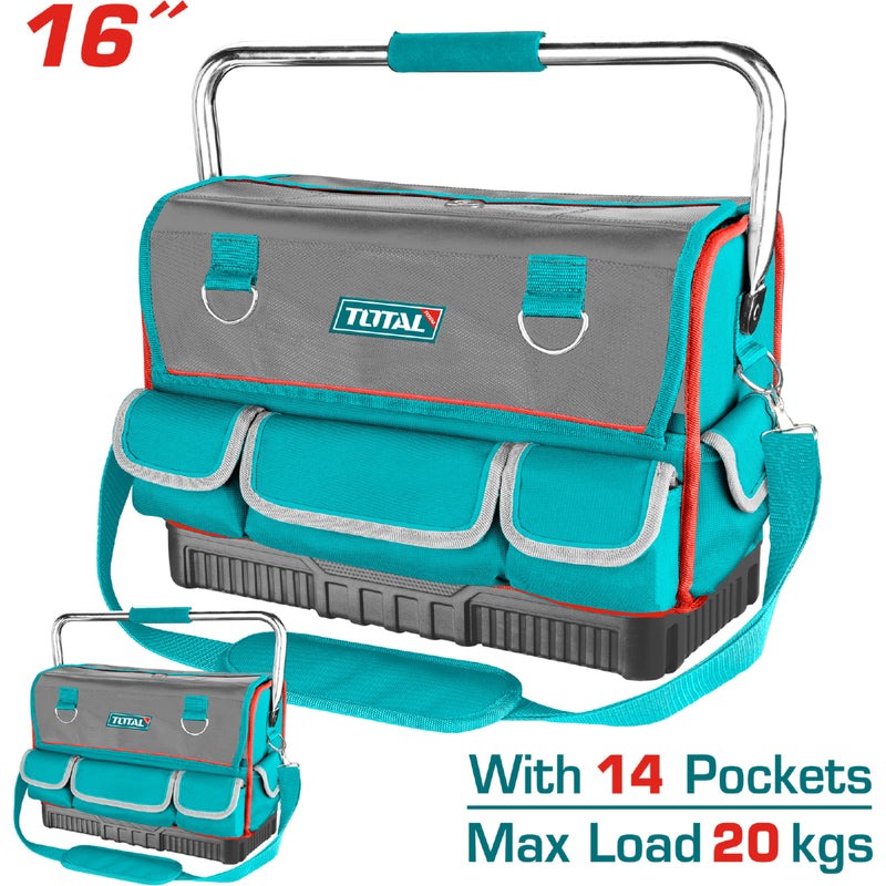 BOLSO DE HERRAMIENTAS 16 REFORZADO CON MANIJA METALICA CAPACIDAD MAXIMA 20KG INDUSTRIAL SUPER TOTAL