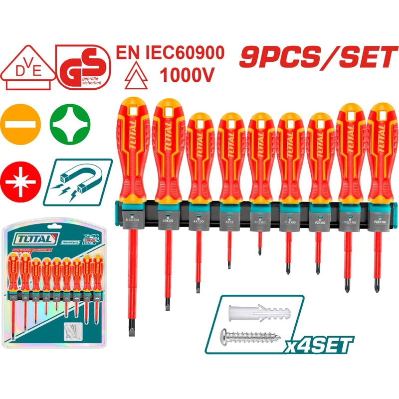 DESTORNILLADORES AISLADOS 1000V MANGO ERGONÓMICO. MAGNÉTICO. PUNTA REDONDA. SET DE 9 PIEZAS