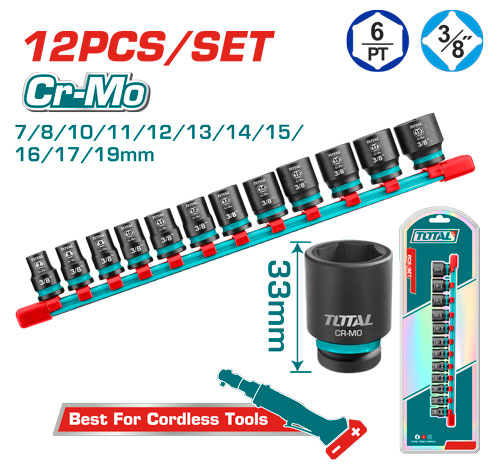 COPAS DE IMPACTO 3/8" LARGO 33 MM JUEGO X 12PZS 7 - 19 MM INDUSTRIAL TOTAL (THTISD38128)