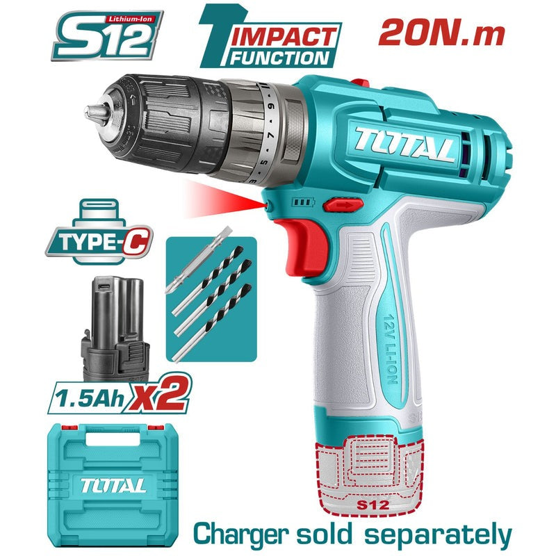 TALADRO INALAMBRICO PERCUTOR 1/32-3/8" 12V 20NM INCLUYE 2 BATERIAS 1.5 AH SUPER TOTAL (TIDLI12206)