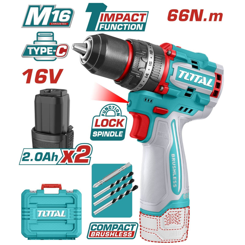 TALADRO DE IMPACTO INALAMBRICO 1/2" 16V 66NM  INCLUYE 2 BATERIA DE 2.0AH,ACCESORIOS, CARGA USB-C INDUSTRIAL TOTAL (TIDLI16665)