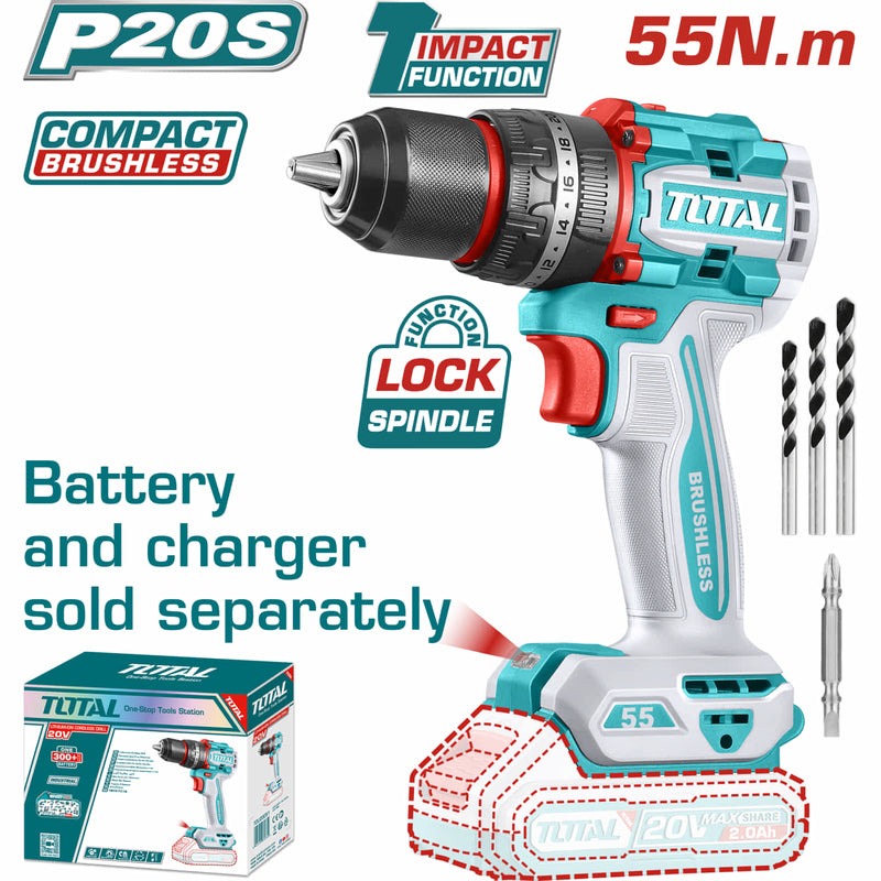 TALADRO INALAMBRICO PERCUTOR 1/2" 20V 55 N.M CARGADOR Y BATERIA NO INCLUIDO SUPER TOTAL