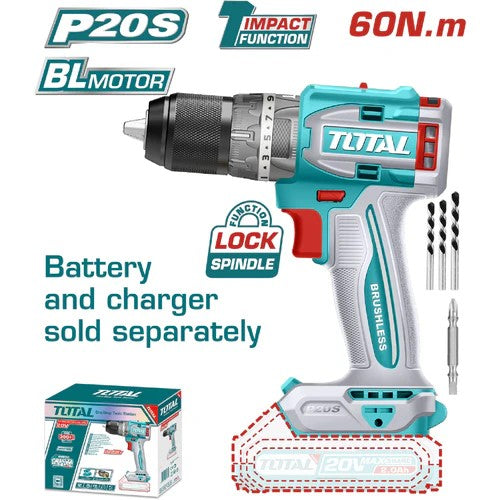 TALADRO 20V (1/2") PERCUTOR Y ATORNILLADOR- SIN CARBONES (NO INCLUYE BATERÍA NI CARGADOR) (TOTAL)