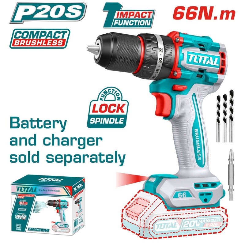 TALADRO 1/2" 20V 66 NM BATERIA Y CARGADOR NO INCLUIDO INDUSTRIAL SUPER TOTAL