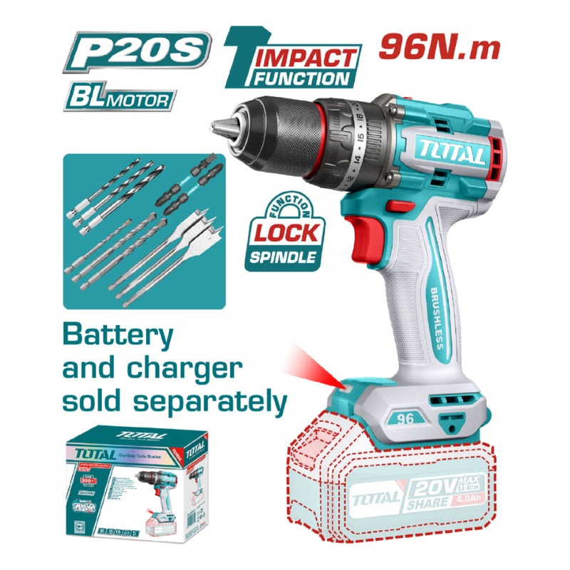 TALADRO INALAMBRICO 1/2 20V 96 N.M INCLUYE 11 PUNTA ACCESPRIOS BATERIA Y CARGADOR SE VENDE POR SEPARADO INDUSTRIAL SUPER TOTAL