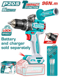TALADRO DE IMPACTO INALAMBRICO 1/2 96 N.M 20V INCLUYE MANGO AUXILIAR Y 11 ACCESORIOS, BATERIA CARGADOR SE VENDE POR SEPARADO, INDUSTRIAL SUPER TOTAL (TIDLI209685)