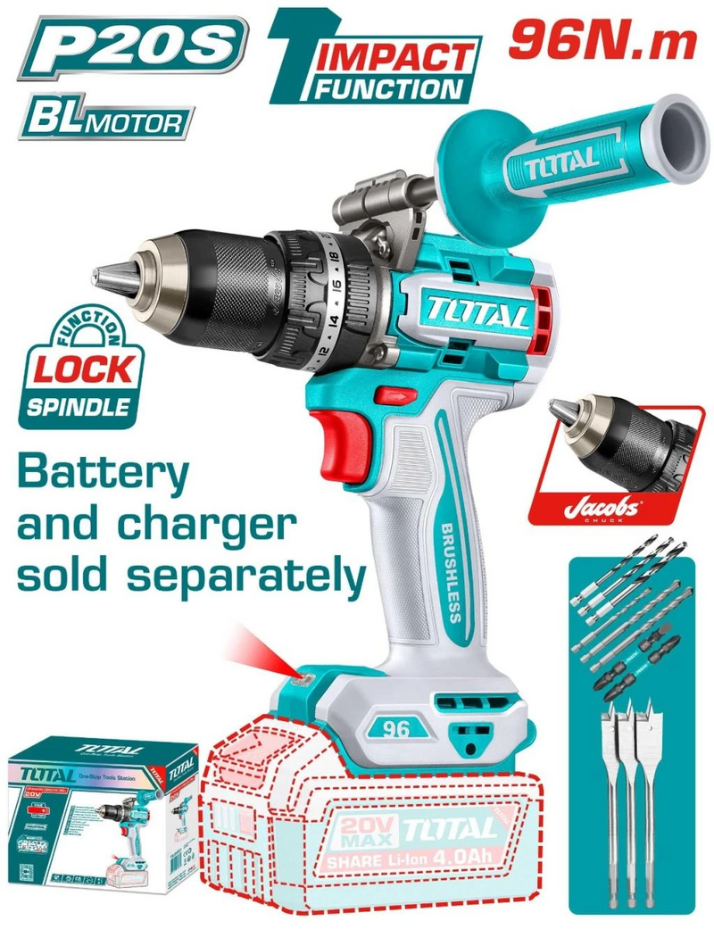 TALADRO DE IMPACTO INALAMBRICO 1/2 96 N.M 20V INCLUYE MANGO AUXILIAR Y 11 ACCESORIOS, BATERIA CARGADOR SE VENDE POR SEPARADO, INDUSTRIAL SUPER TOTAL (TIDLI209685)