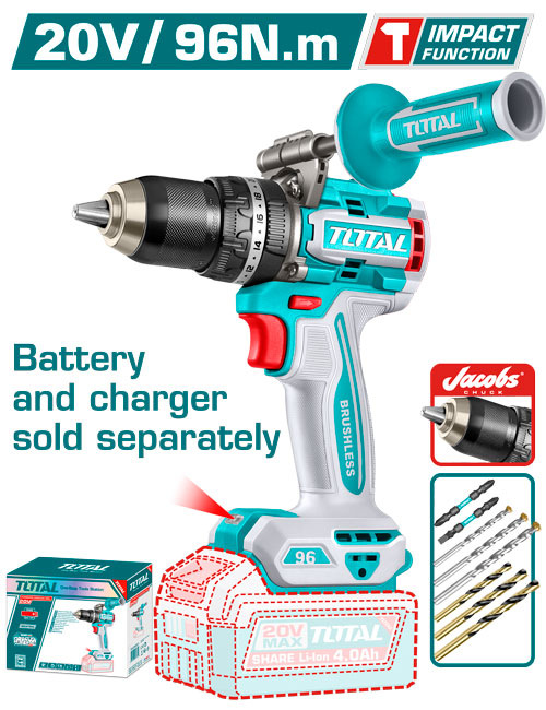 TALADRO DE IMPACTO INALAMBRICO 1/2 96NM 20V INCLUYE MANGO AUXILIAR Y ACCESORIOS, BATERIA  CARGADOR SE VENDE POR SEPARADO, INDUSTRIAL SUPER  TOTAL (TIDLI209687)