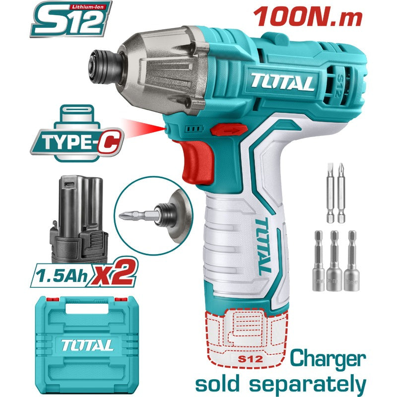 ATORNILLADOR DE IMPACTO 12V 1/4  100NM + 2 BATERIAS, 2 PUNTA TALADRO Y 3 COPAS SUPER TOTAL