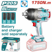 PISTOLA IMPACTO INALAMBRICA 3/4 20V 1750NM INCLUYE COPAS 30,32,34 MM BATERIA Y CARGADOR SE VENDEN POR SEPARADO INDUSTRIAL SUPER TOTAL (TIWLI201751)