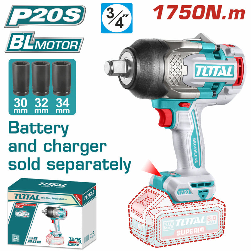 PISTOLA IMPACTO INALAMBRICA 3/4 20V 1750NM INCLUYE COPAS 30,32,34 MM BATERIA Y CARGADOR SE VENDEN POR SEPARADO INDUSTRIAL SUPER TOTAL (TIWLI201751)