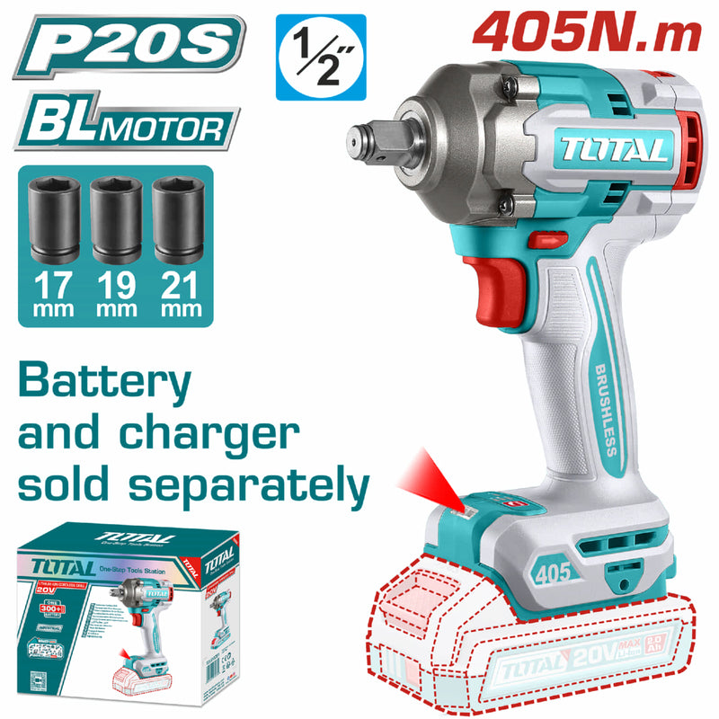 PISTOLA IMPACTO INALAMBRICA 1/2 20V 405 NM INCLUYE 3 COPAS 17,19,21,  BATERIA Y CARGADOR SE VENDEN POR SEPARADO  INDUSTRIAL SUPER TOTAL (TIWLI20451)