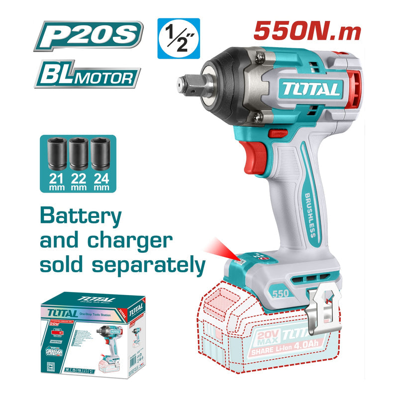 PISTOLA IMPACTO INALAMBRICA 1/2" 20V 550 NM INCLUYE 3 COPAS 21,22,24 MM, CARGADOR Y BATERIA SE VENDEN POR SEPARADO INDUSTRIAL SUPER TOTAL (TIWLI20551)