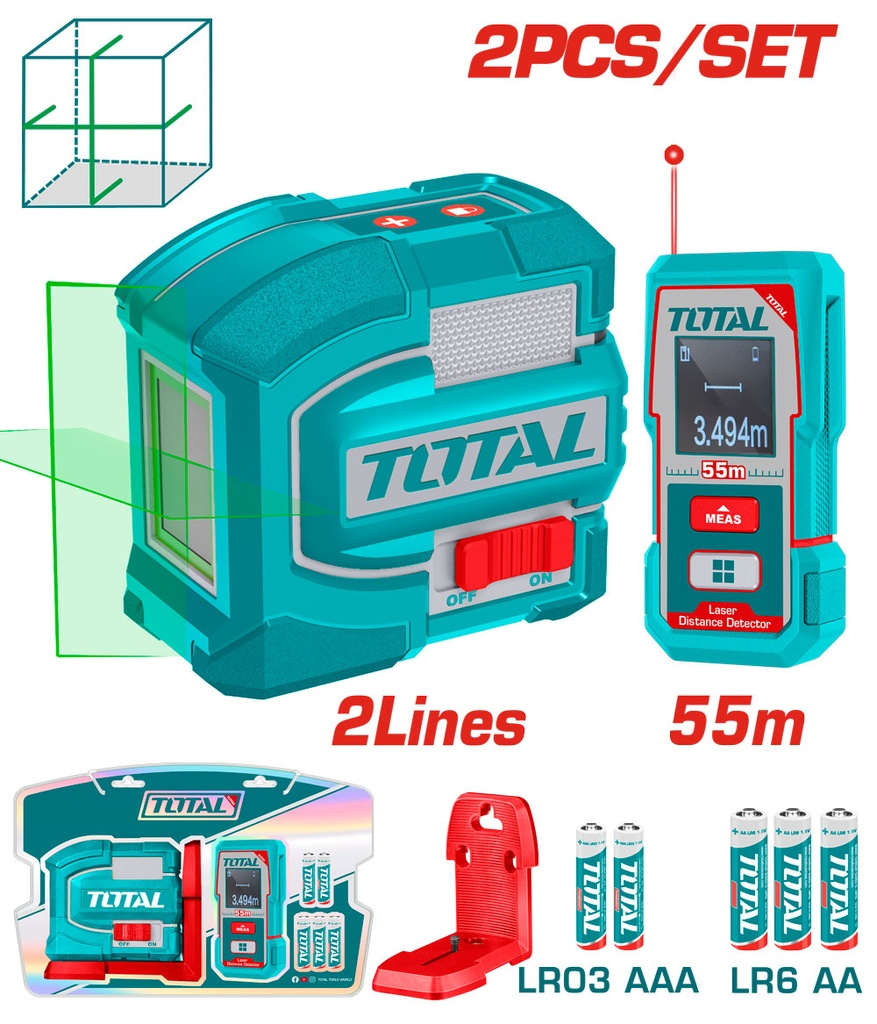 KIT DE NIVEL LASER 0-35M  LUZ VERDE 2 LINEAS(TLL156601) + MEDIDOR DE DISTANCIAS LASER 55MTS (TMT550166) INDUSTRIAL TOTAL (TLL260403)
